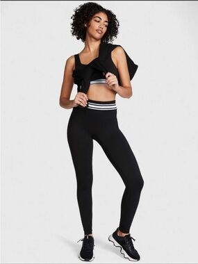 PINK Victoria's Secret Soft Seamless Black Leggings with Fold Over Striped Band